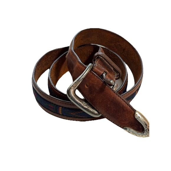 Leather Belt Brown Tribal Aztec Textured Print Gold Hardware Medium - Picture 1 of 5